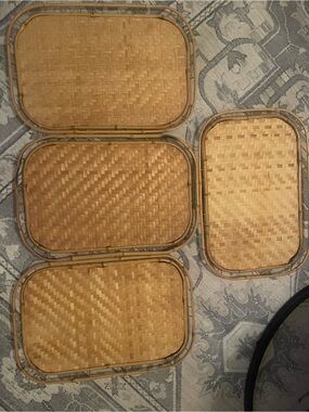 4 Vintage Bamboo Serving Trays Woven,Rattan, Wicker, Boho MCM Trays 19x13